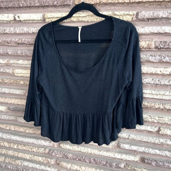 Free People Black Scoop Neck Ruffle Peplum Cropped Sweater Size Small - Picture 8 of 8